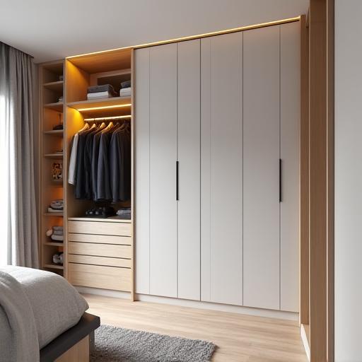 Optimisation d'un espace avec un grand dressing intégré et des étagères lumineuses